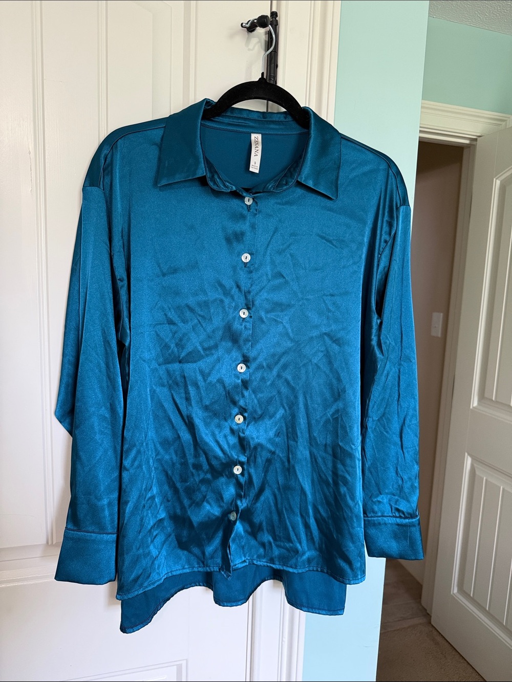Zenana Outfitters Satin Button-Down Shirt in Teal Blue